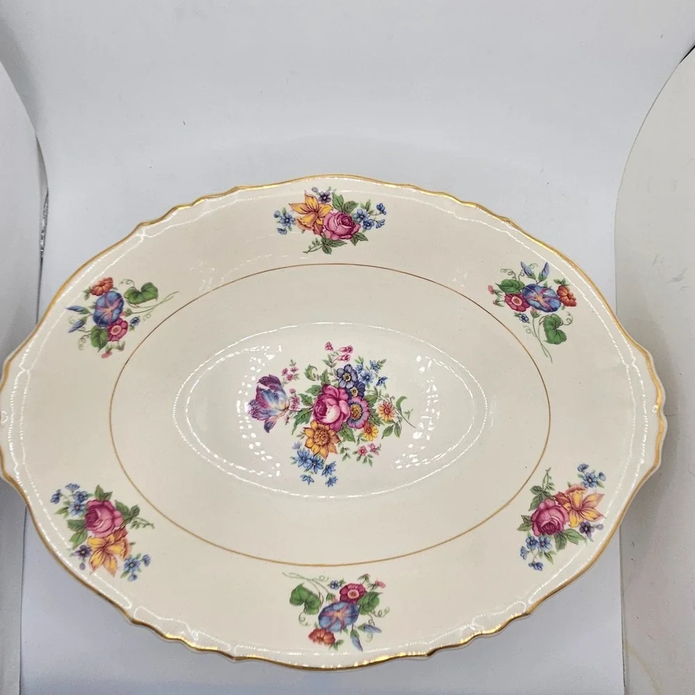 Vintage Syracuse China Federal Shape Oval Serving Bowl Floral Gold Tone Trim 10
